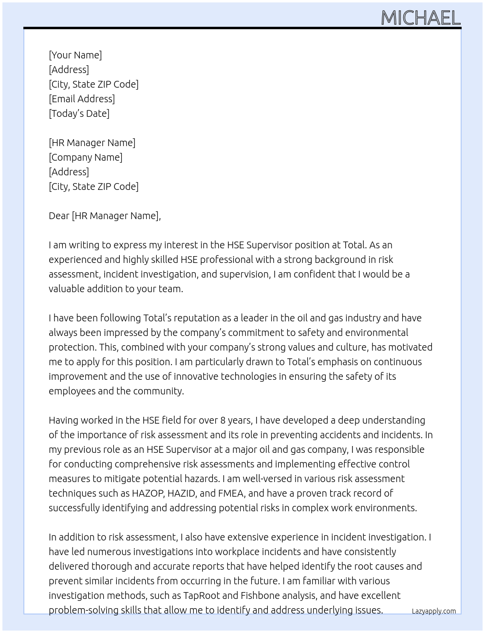 HSE Supervisor At Total Cover Letter