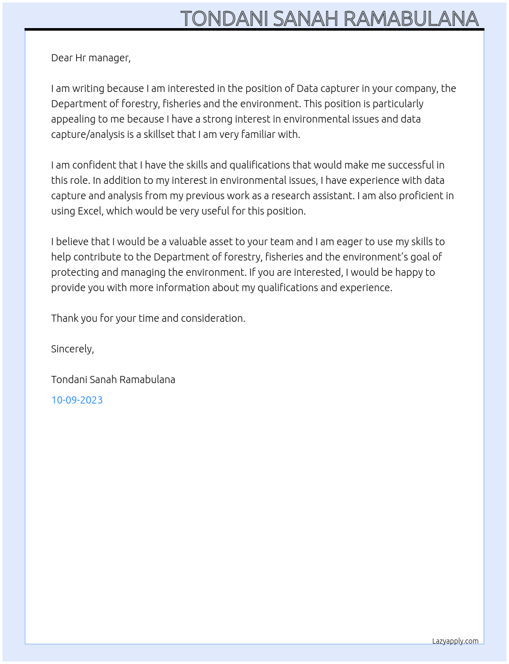 Data capturer At Department of forestry, fisheries and the environment Cover Letter