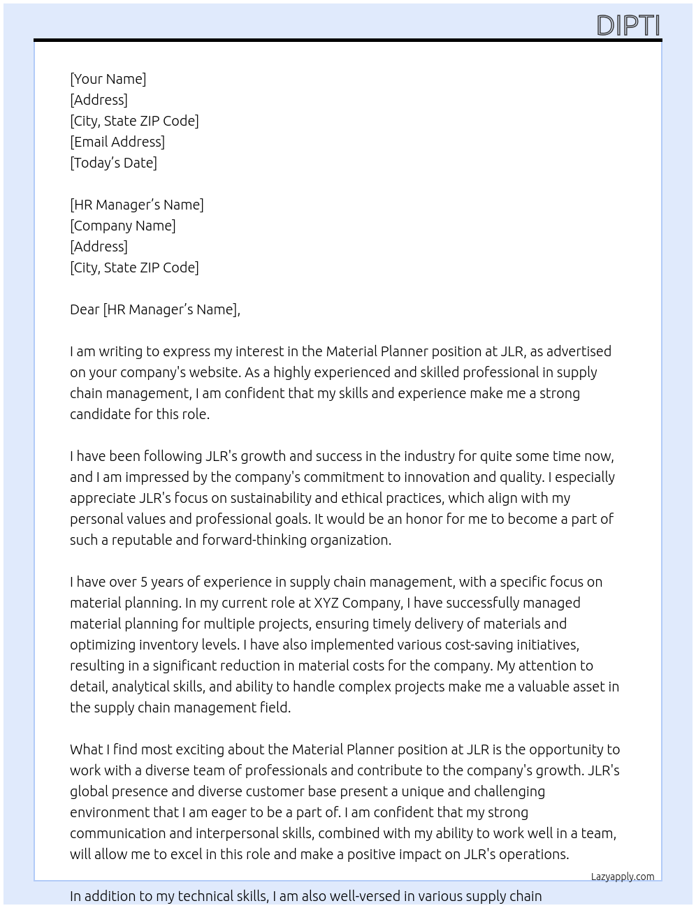 Material Planner At JLR Cover Letter