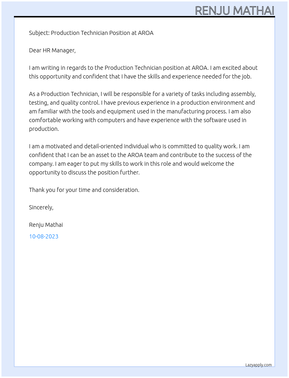 Production Technician At AROA Cover Letter