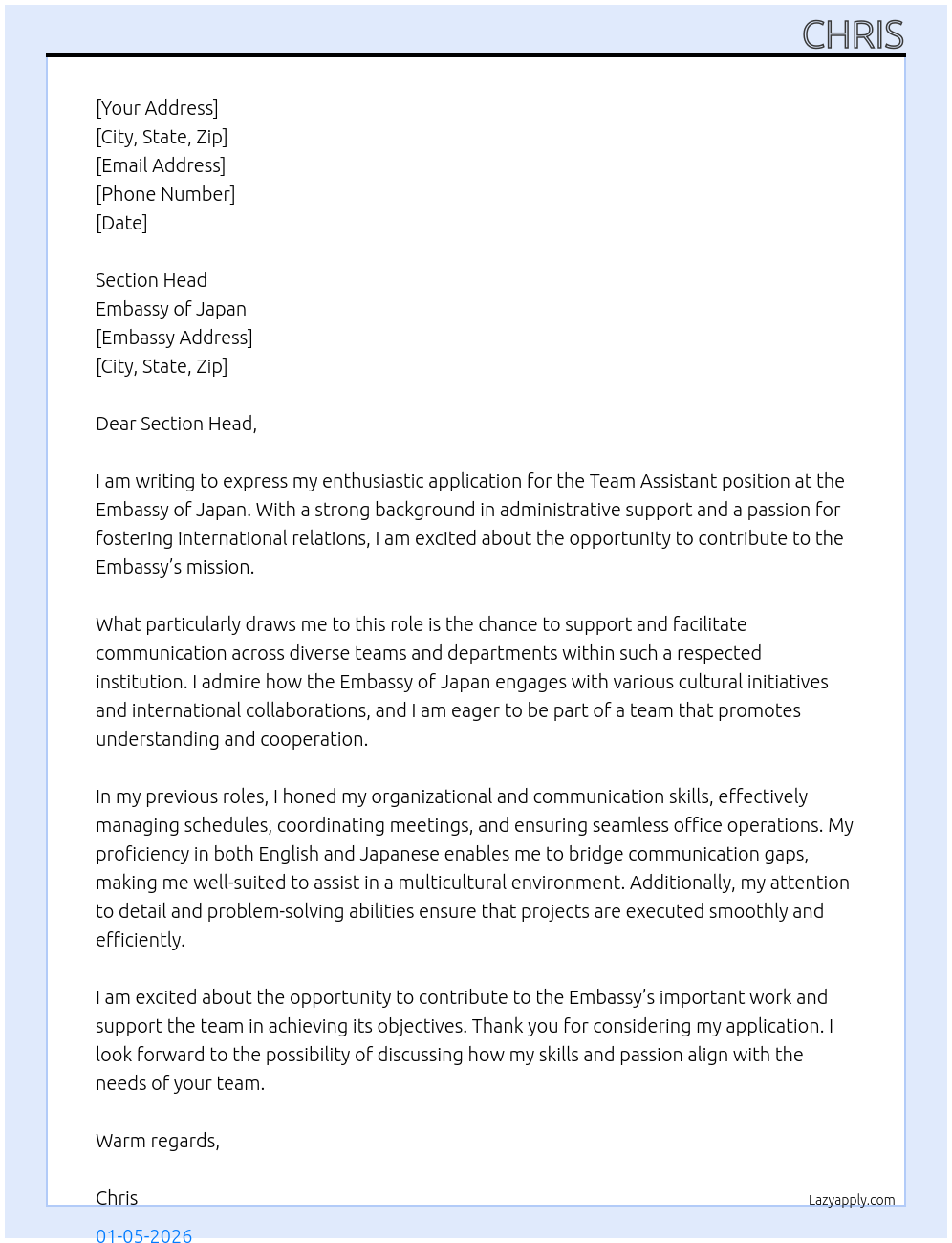 Team Assistant At Embassy of Japan  Cover Letter