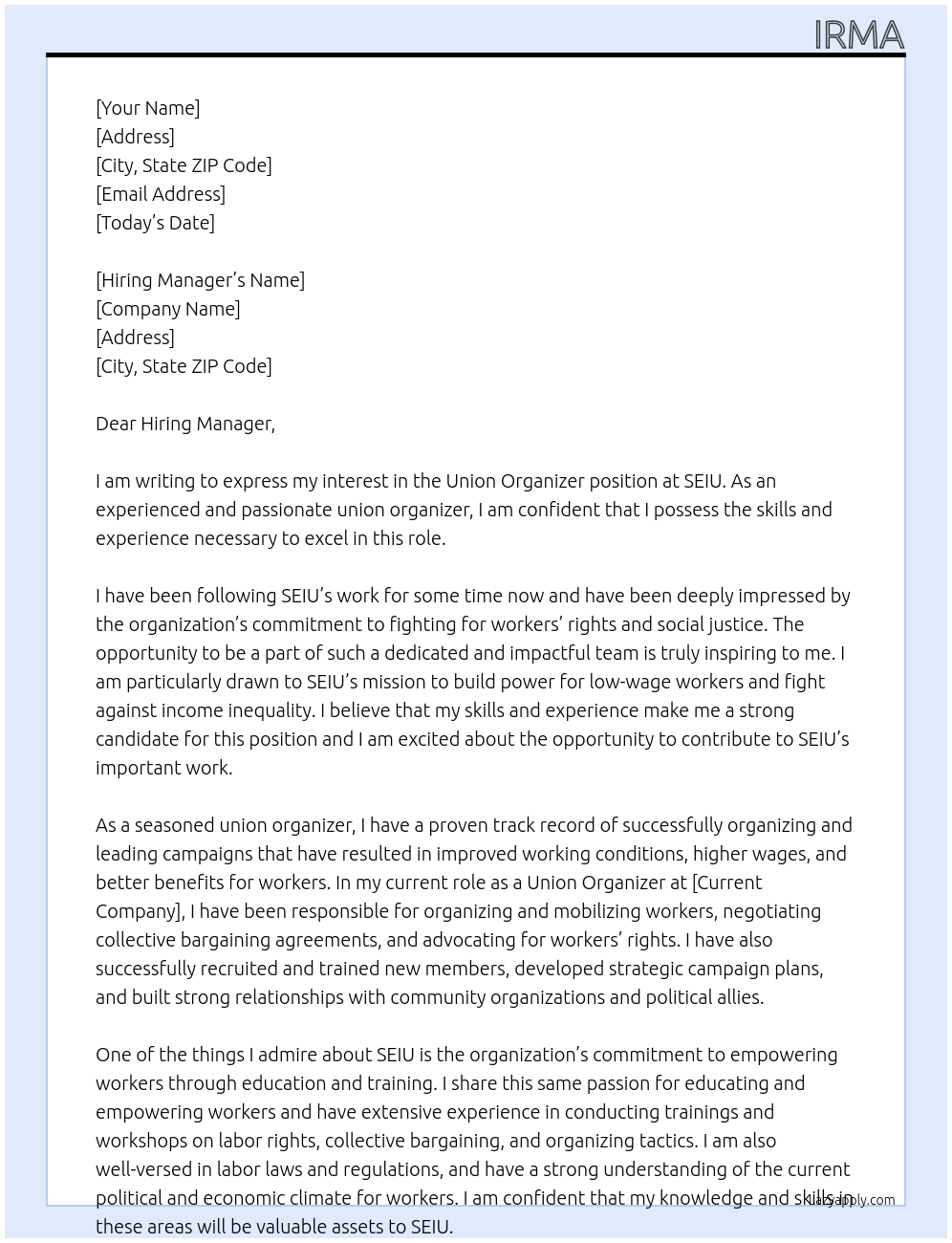 union organizer At seiu Cover Letter