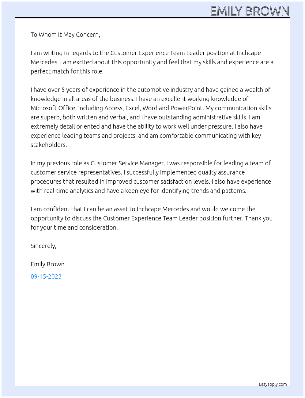 Customer Experience Team Leader At Inchcape Mercedes Cover Letter