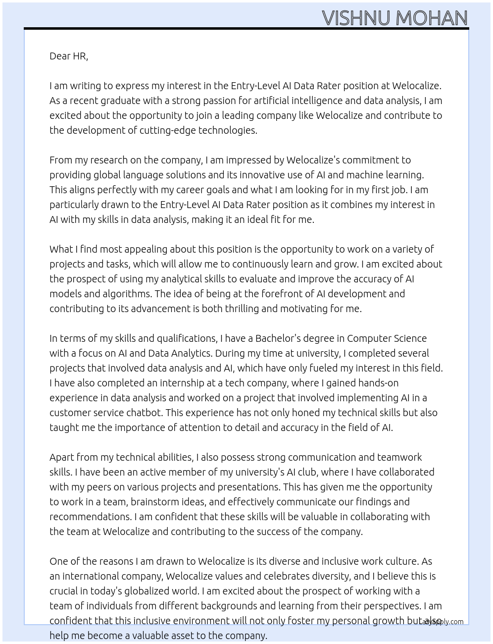 Cover letter for entry-level ai data rater - LazyApply