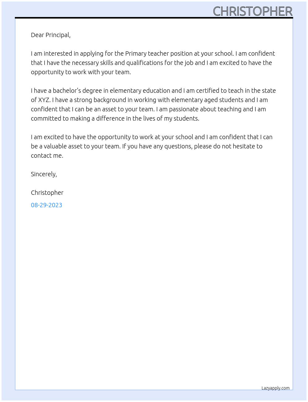 Primary teacher At School Cover Letter