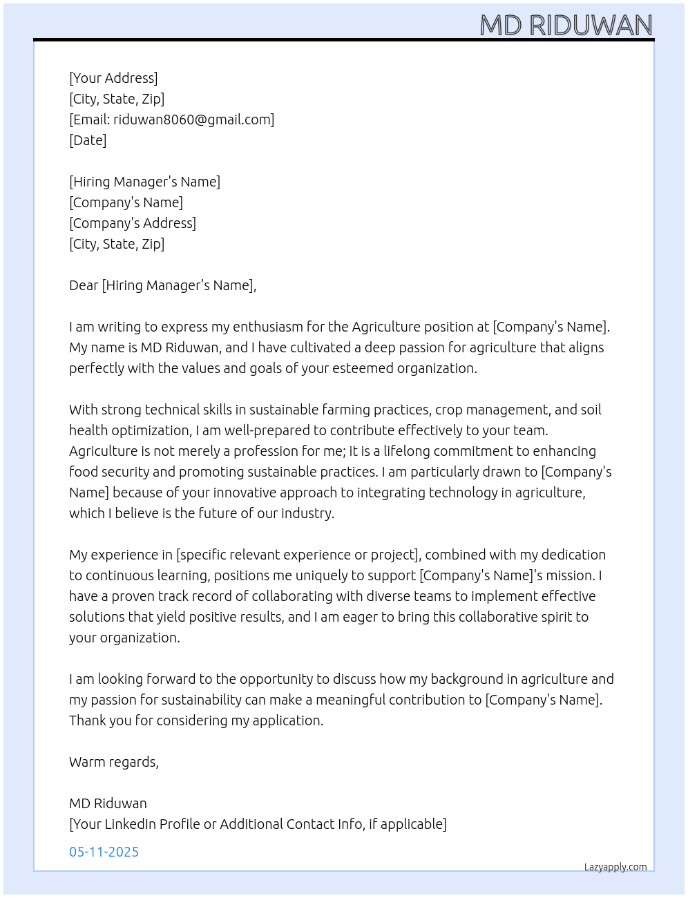 Agriculture At riduwan8060@gmail.com Cover Letter