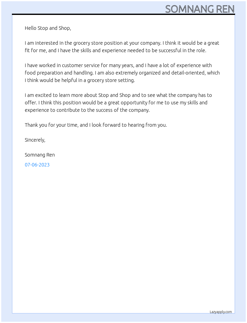 Grocery store At Stop and Shop Cover Letter