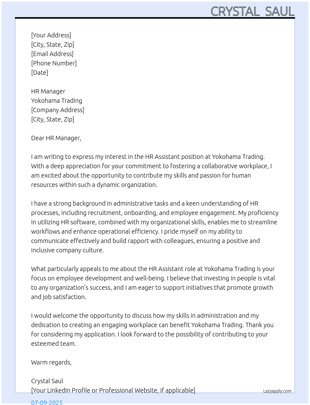 HR assistant At Yokohama Trading Cover Letter