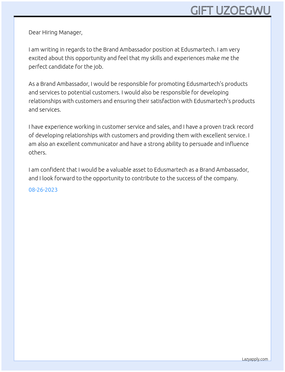 Brand Ambassador  At Edusmartech Cover Letter