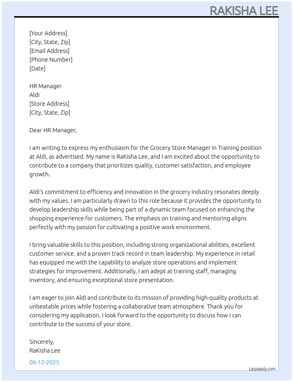 Grocery Store Manager in Training At Aldi Cover Letter