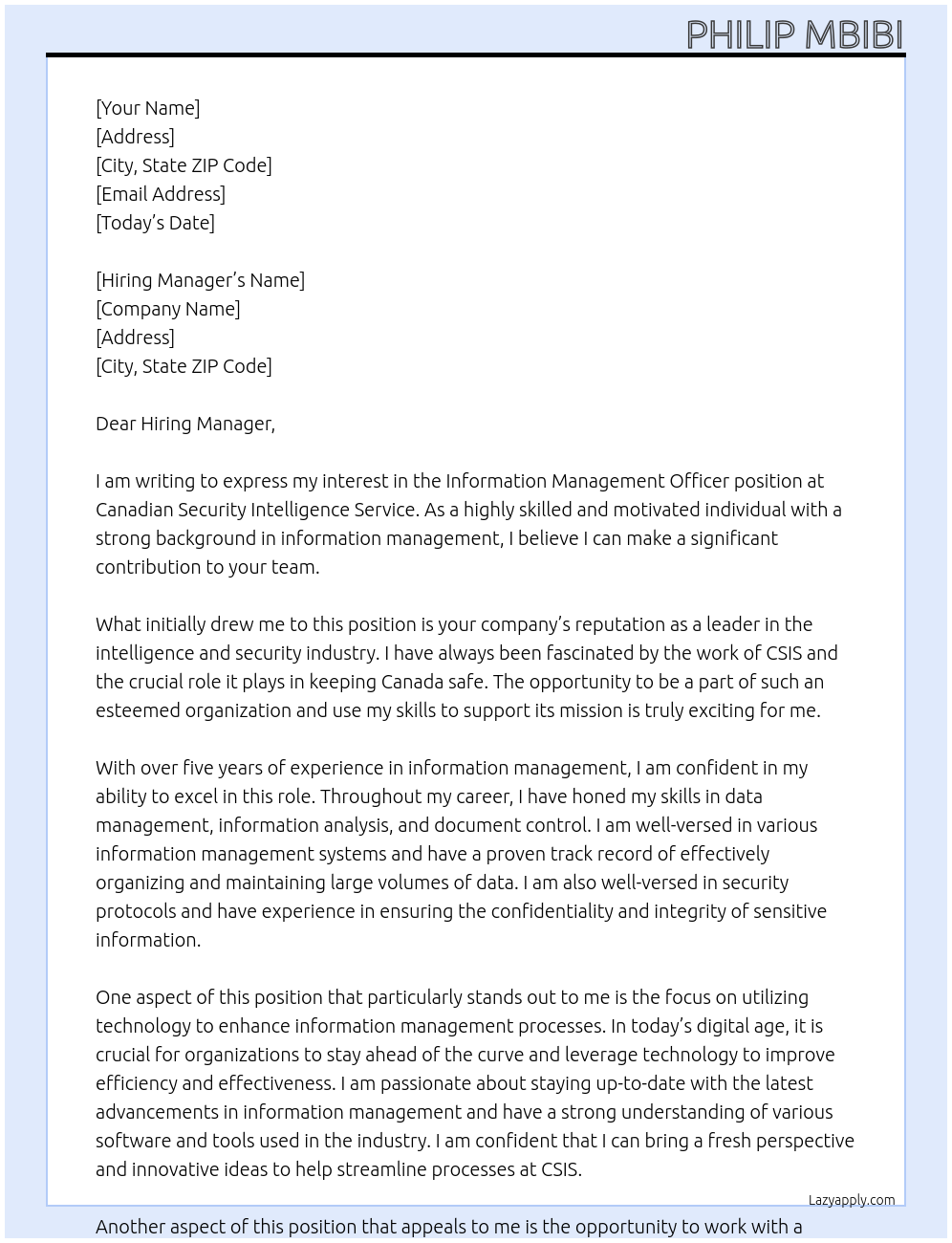 information management officer At Canadian Security Intelligence Service Cover Letter