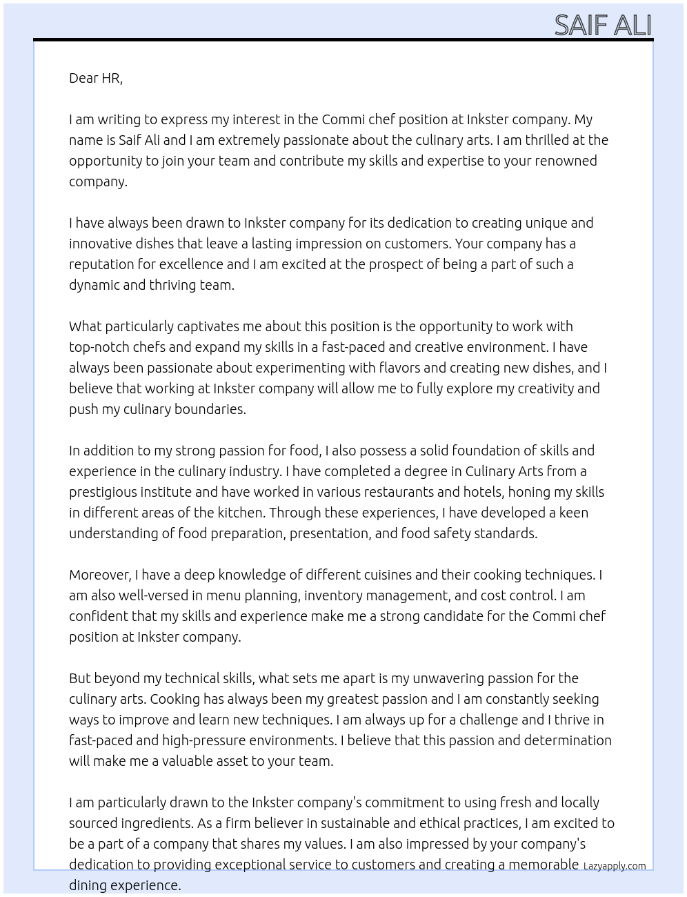 Commi chef  At Inkster company  Cover Letter