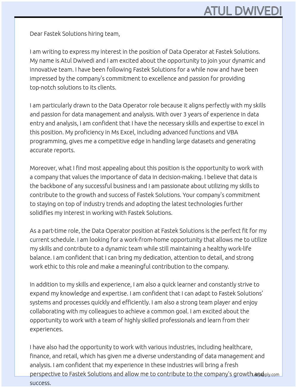 Data Operator At Fastek Solutions Cover Letter