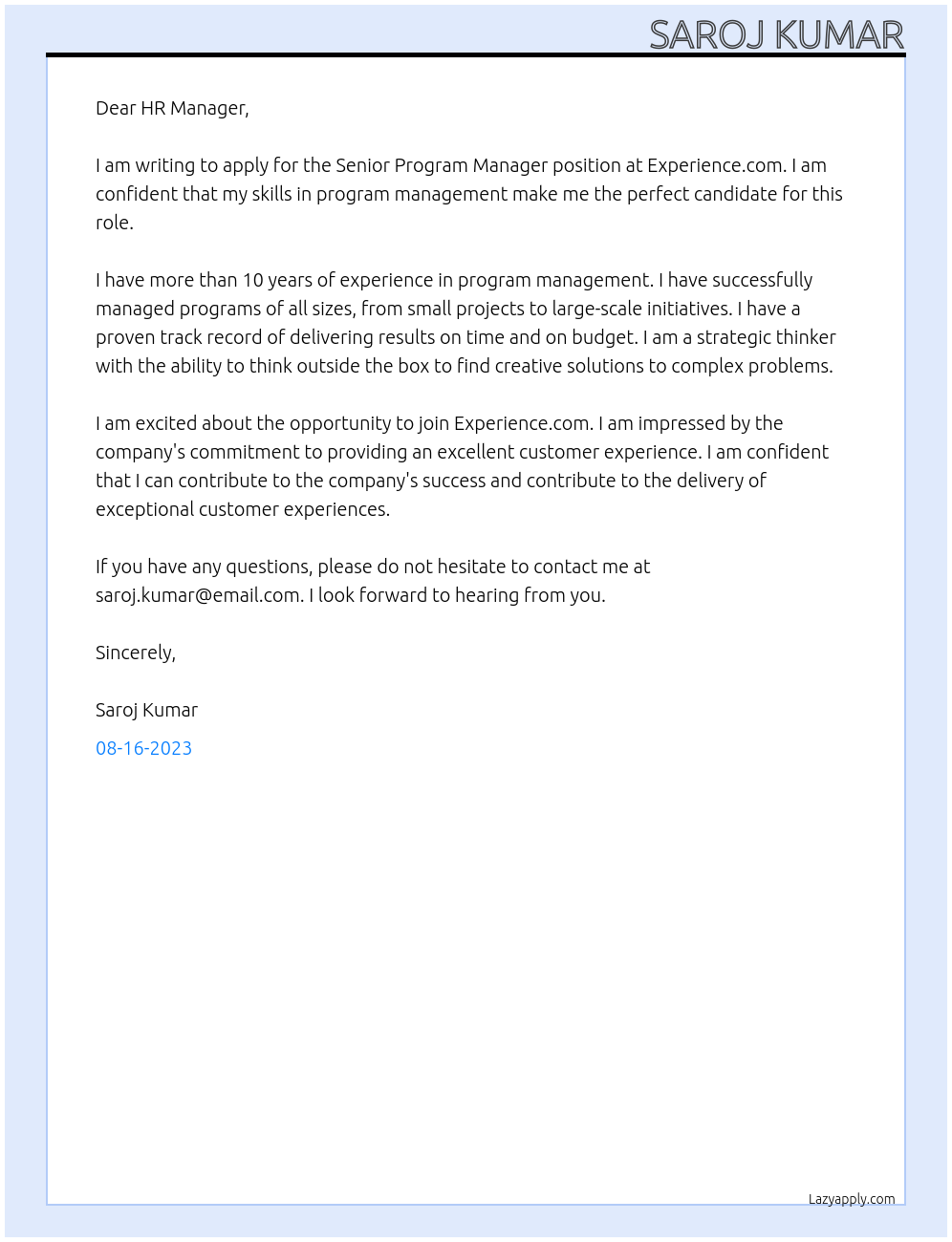 Senior Program Manager At Experience.com Cover Letter