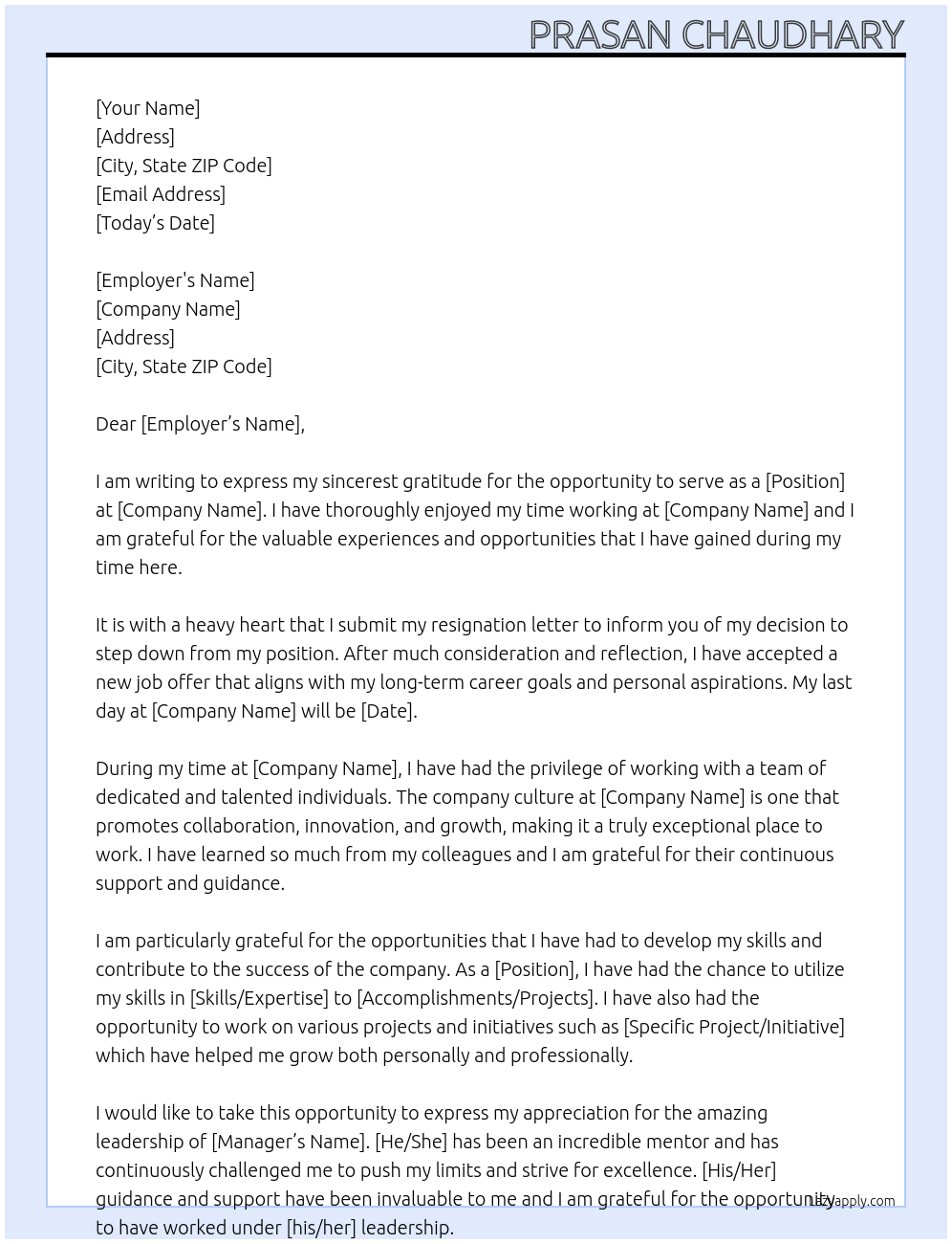 resignation letter At Hotel Shrestha Residency Pvt. Ltd. Cover Letter