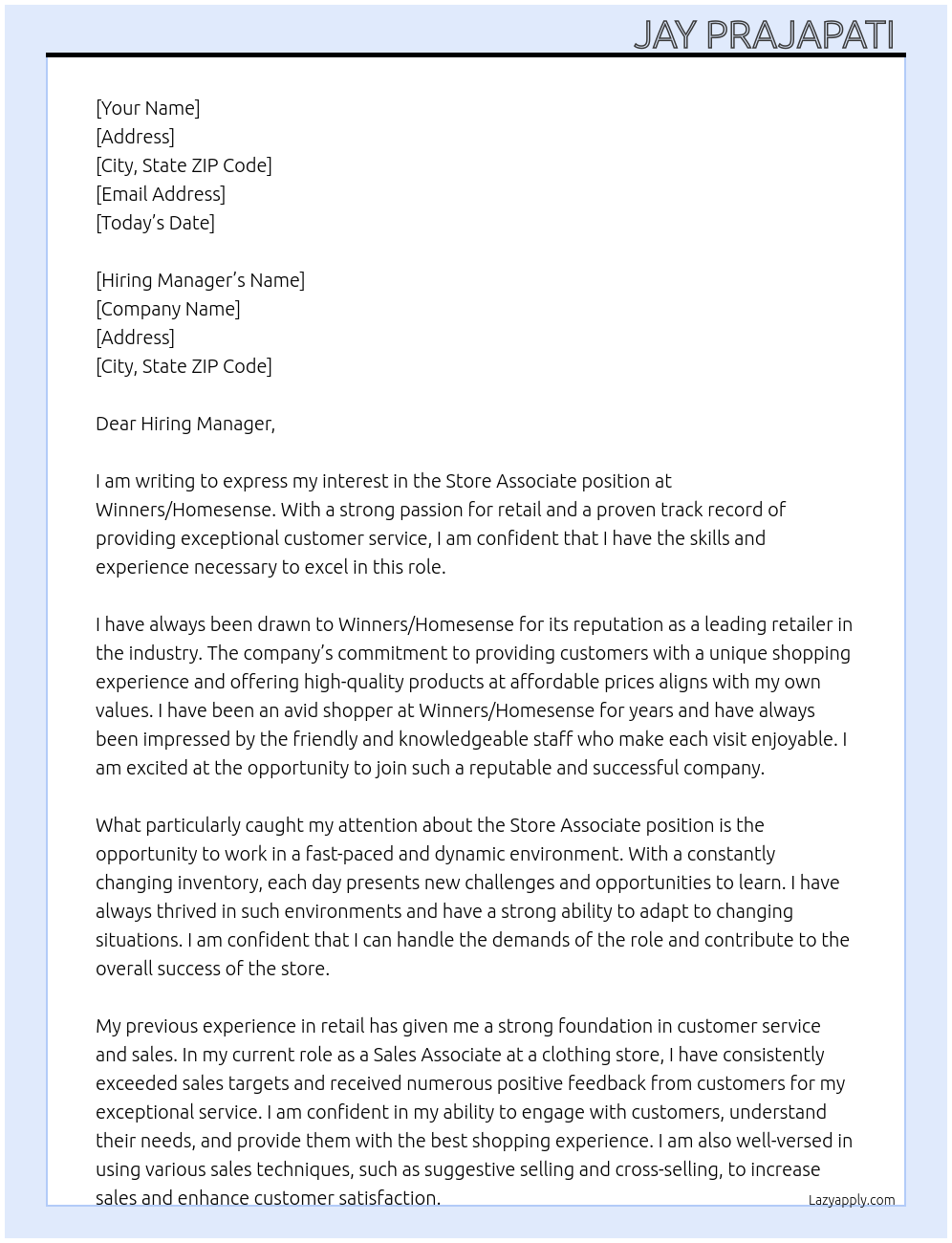 Store associate At Winners/ Homesense Cover Letter