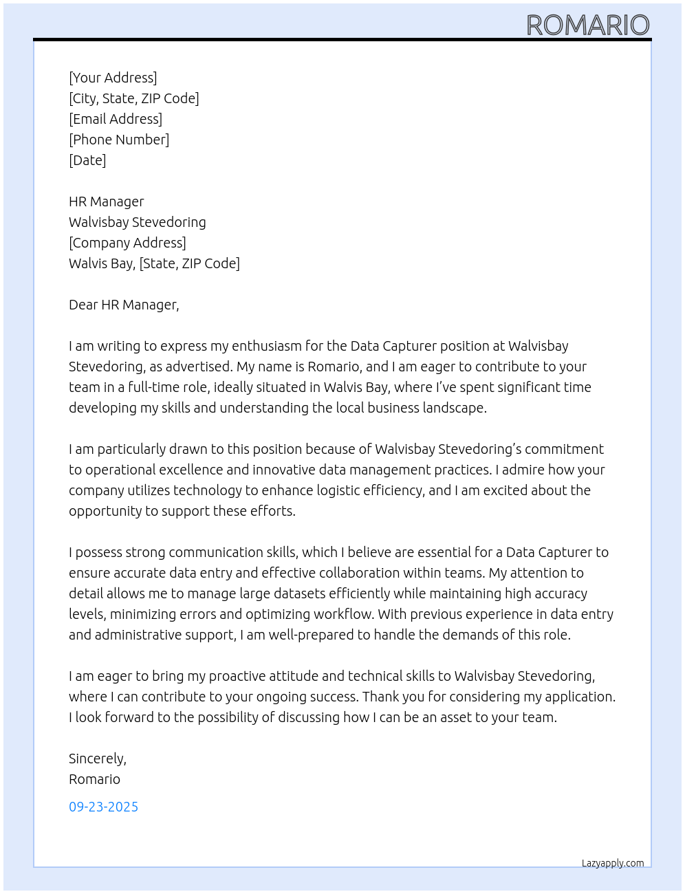 Data Capturer At Walvisbay Stevedoring Cover Letter