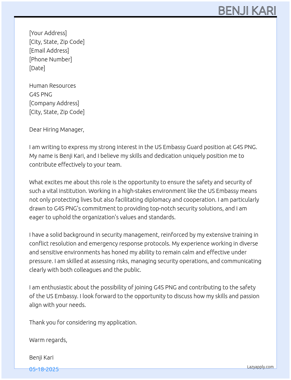 US Embassy Guard  At G4S PNG  Cover Letter