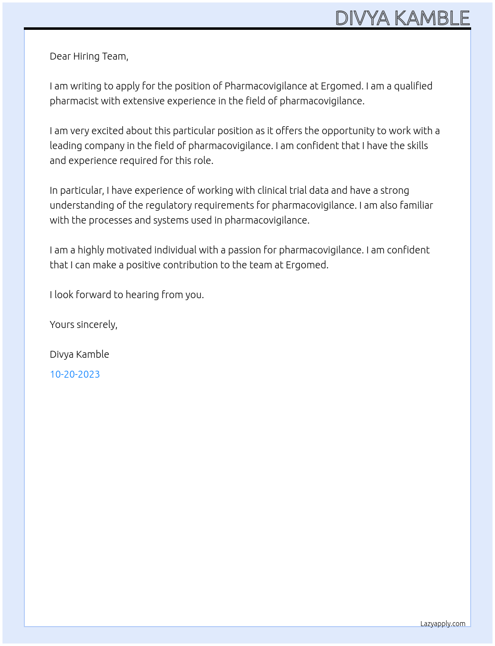 PHARMACOVIGILANCE At ERGOMED Cover Letter