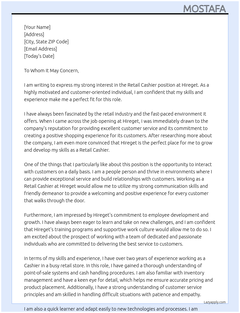  Retail Cashier  At Hireget Cover Letter