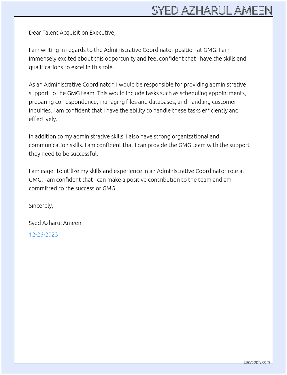 Administrative Coordinator At GMG Cover Letter