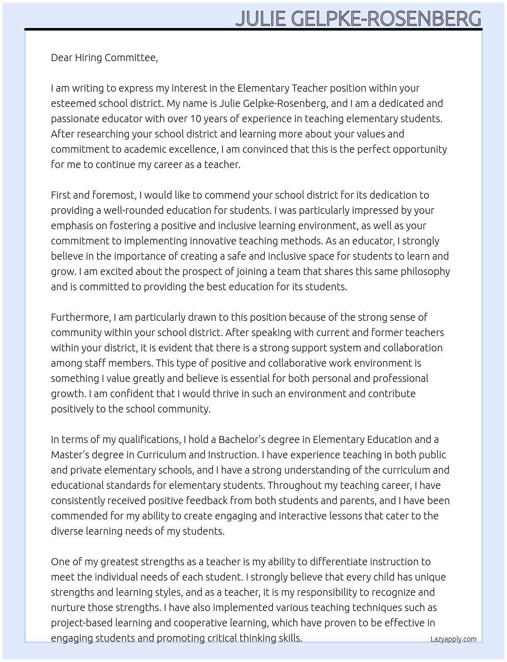 Elementary Teacher At school district Cover Letter