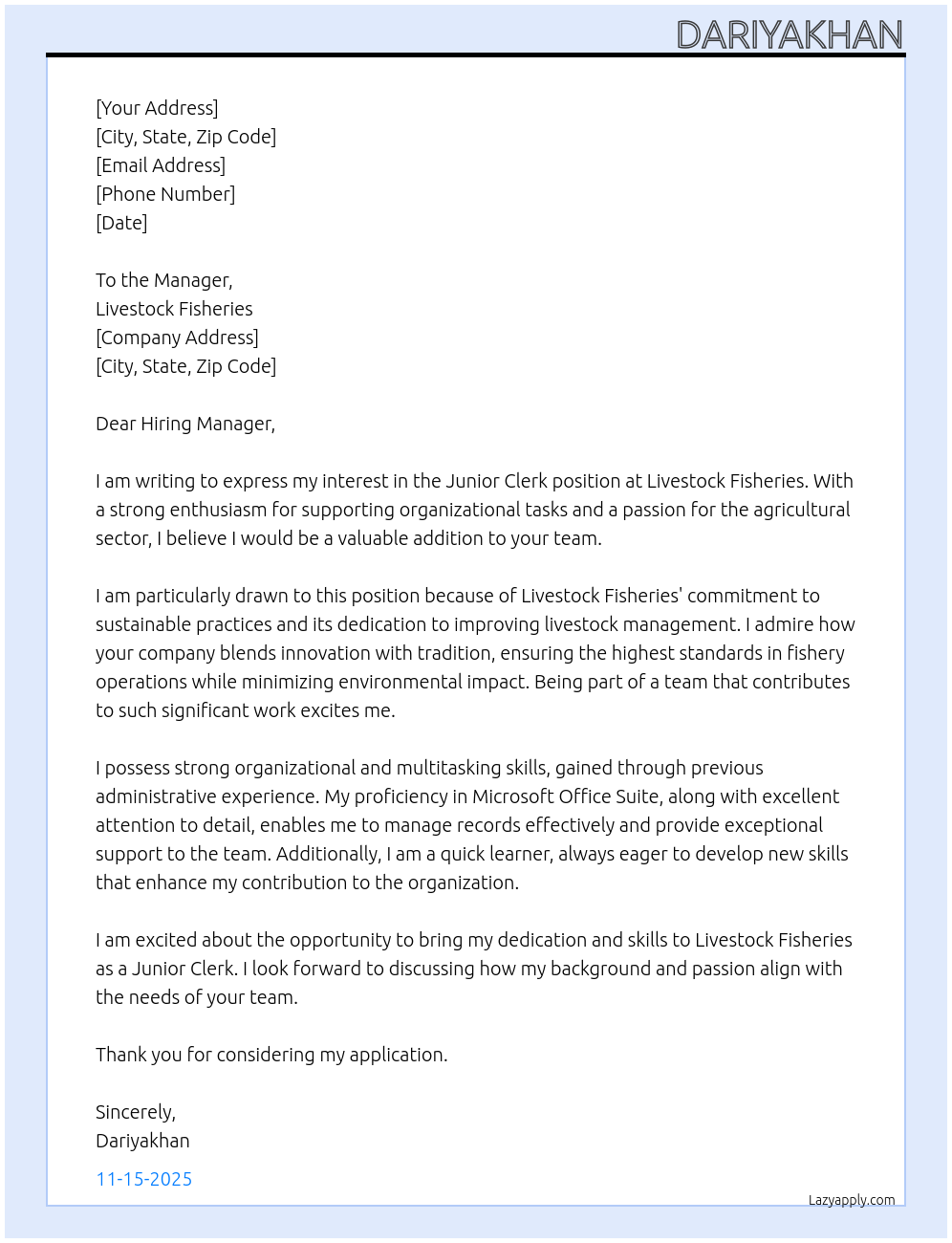 Junior clerk At Livestock fishries Cover Letter