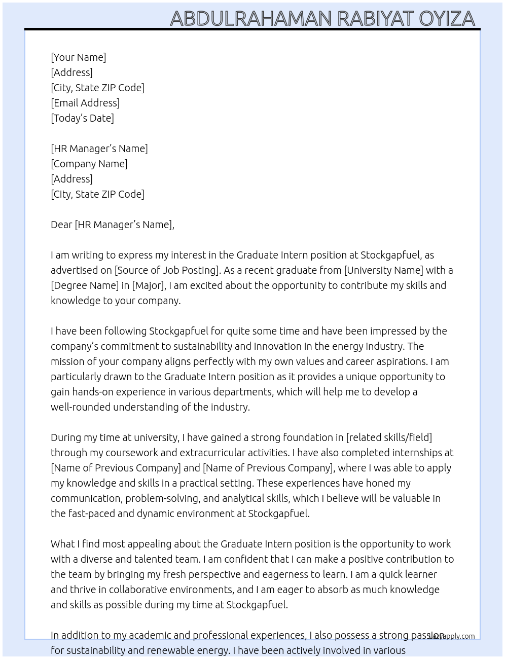 Graduate intern  At Stockgapfuel  Cover Letter