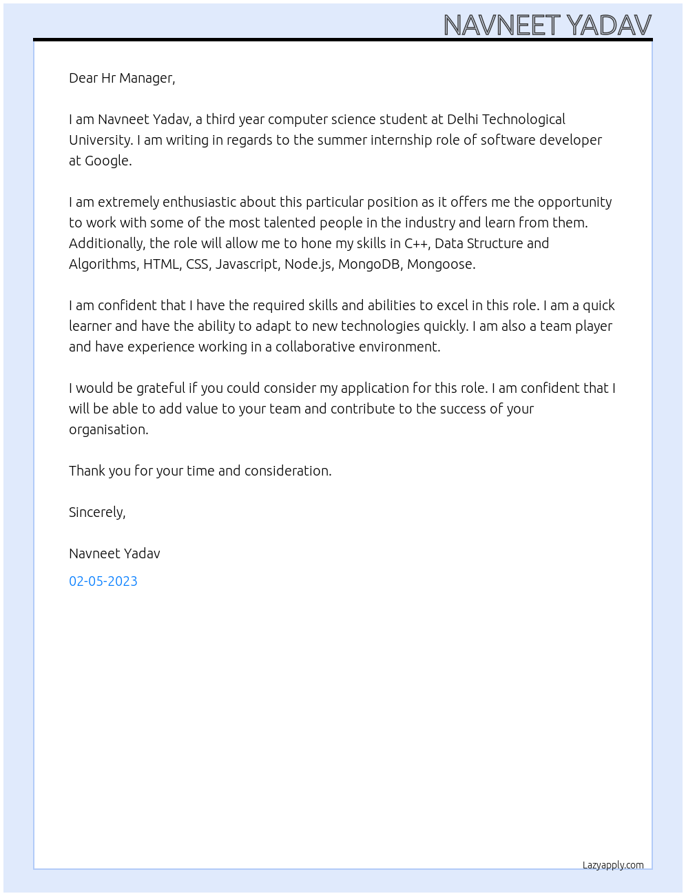 software developer At google Cover Letter