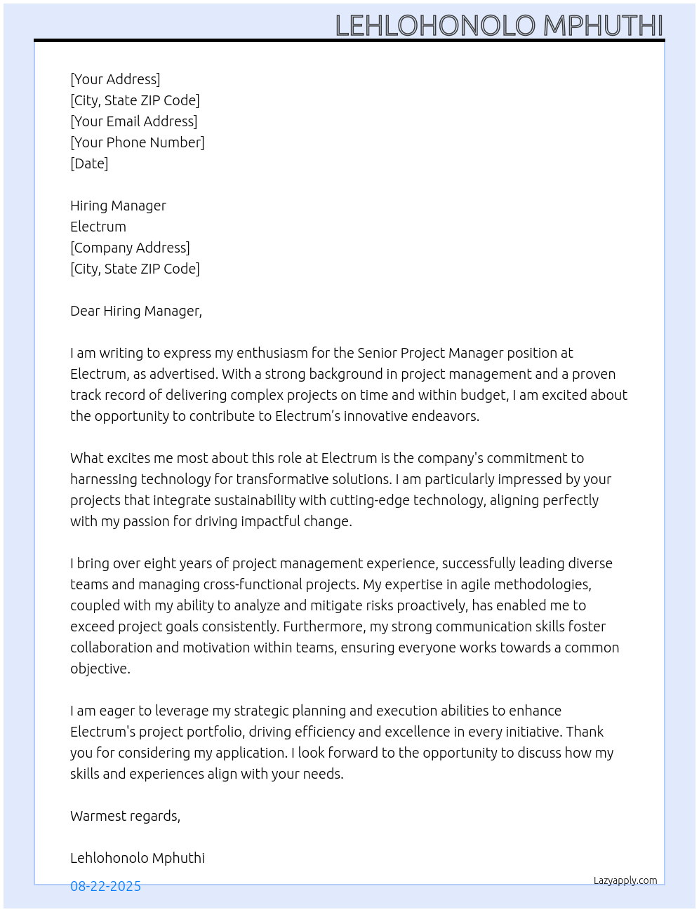 Senior Project Manager At Electrum Cover Letter