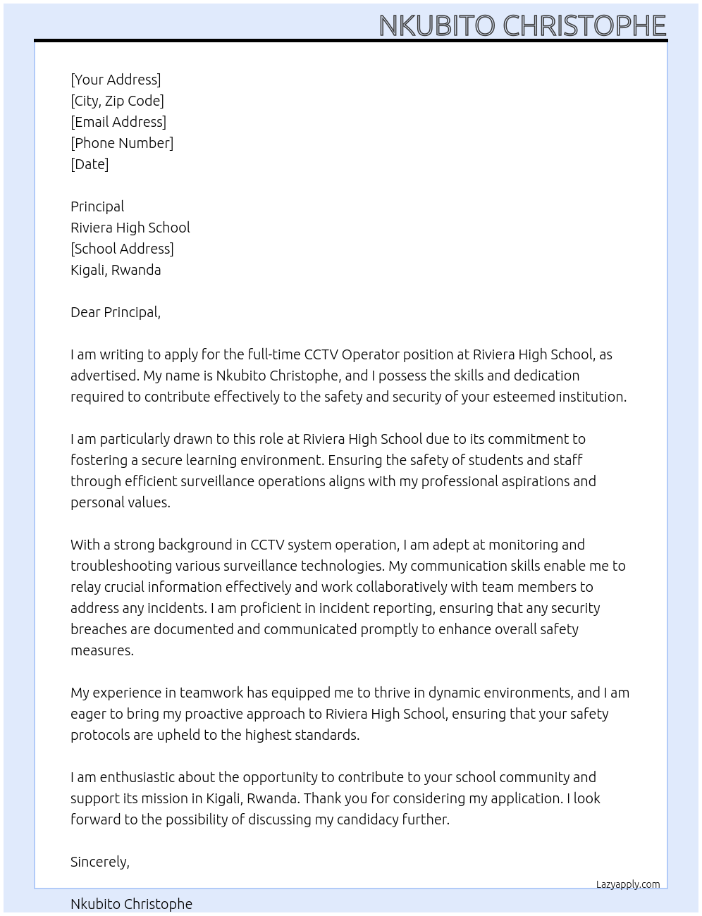 CCTV Operator At Riviera High School Cover Letter