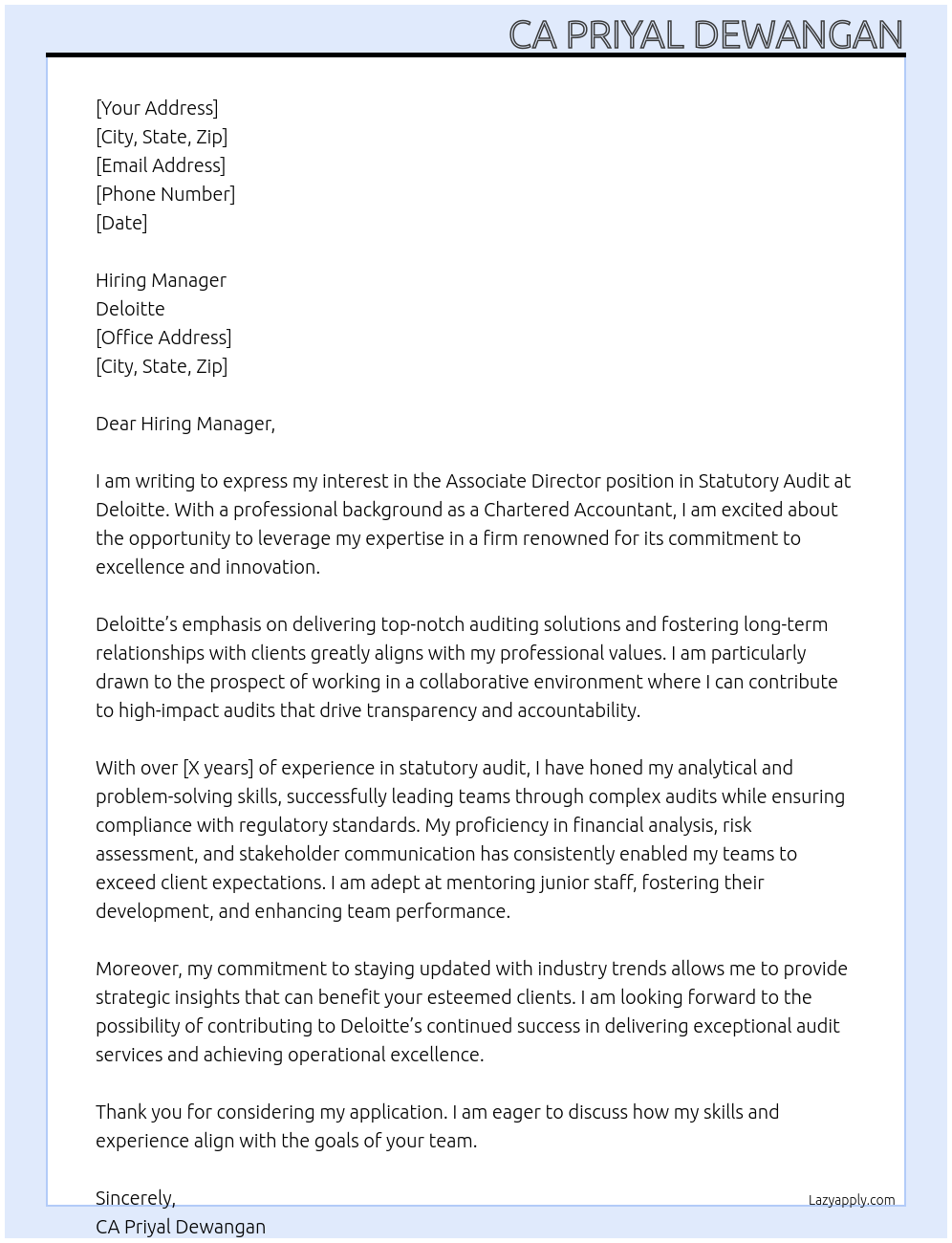 Statutory audit At Deloitte Cover Letter