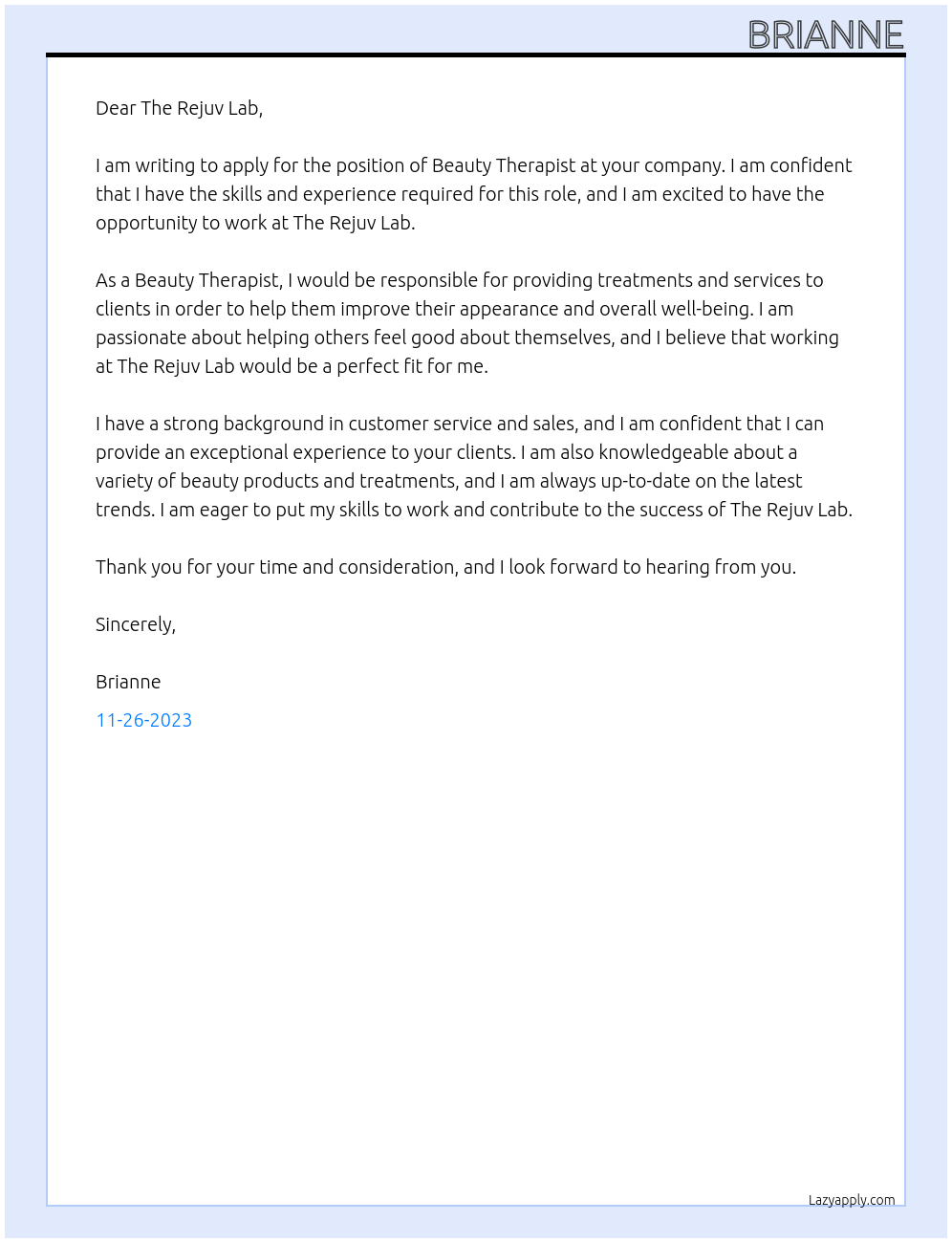 Beauty Therapist At The Rejuv Lab Cover Letter