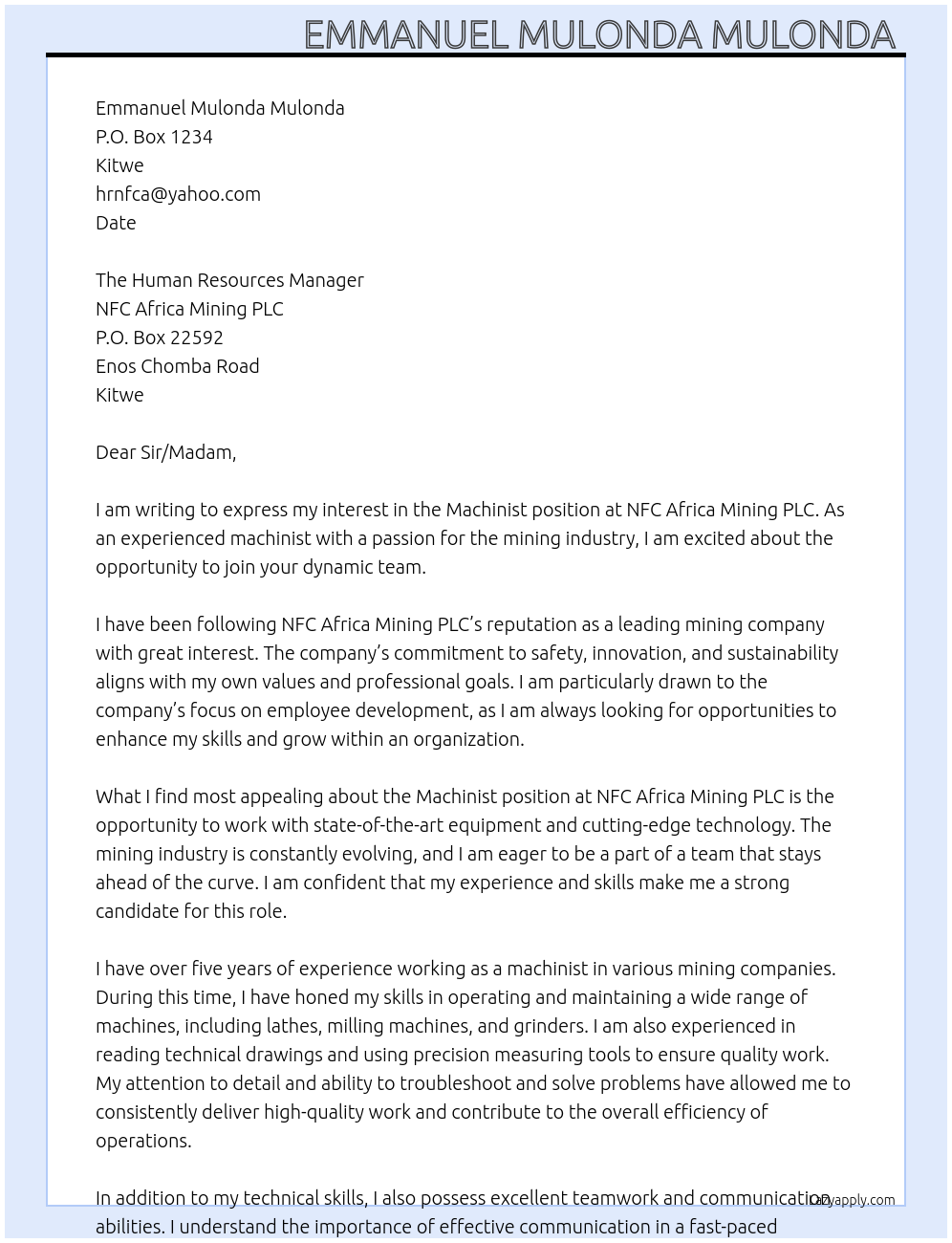 Machinist  At NFC Africa Mining PLC  Cover Letter