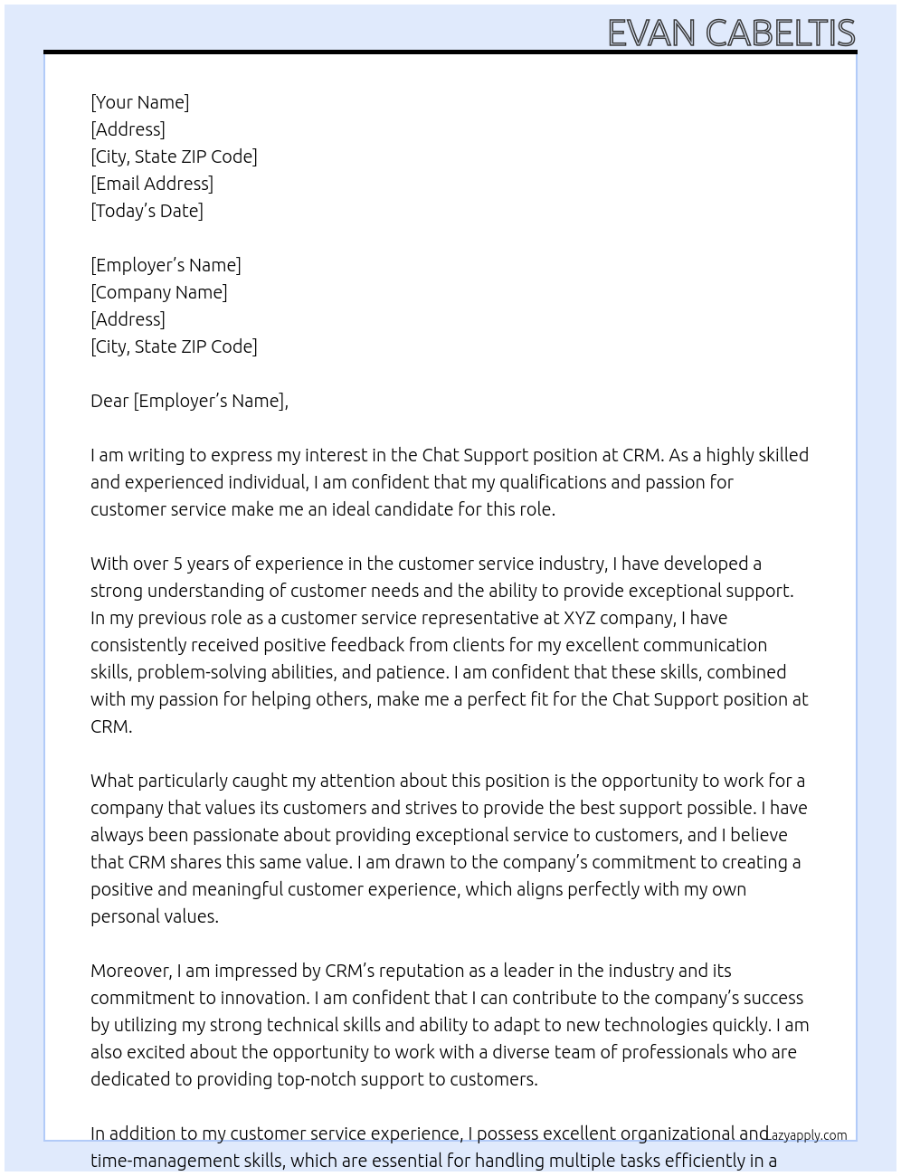 Chat Support At CRM Cover Letter