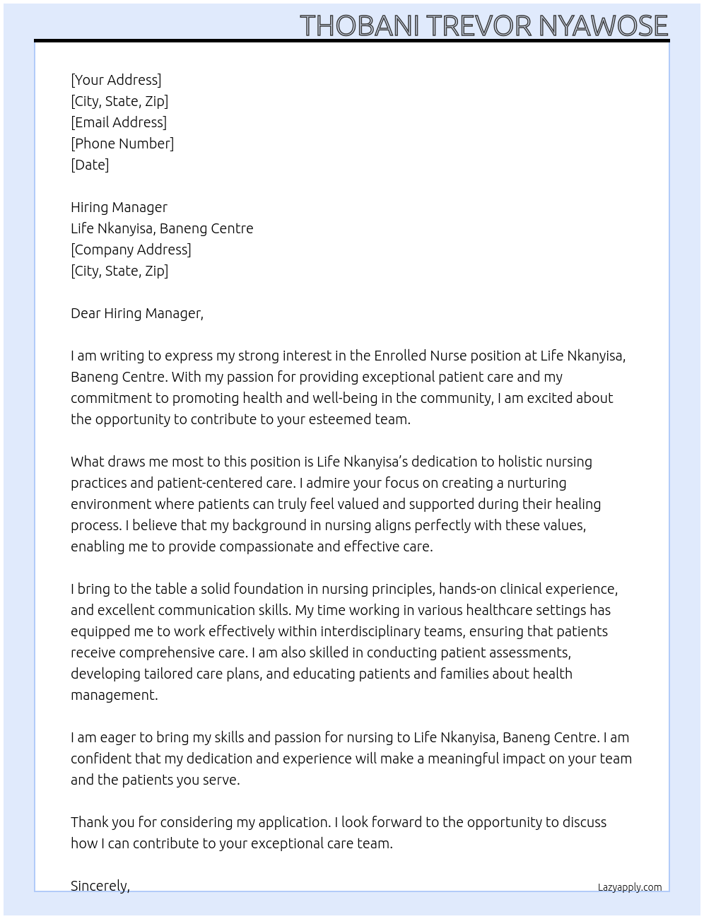 Cover letter for enrolled nurse - LazyApply