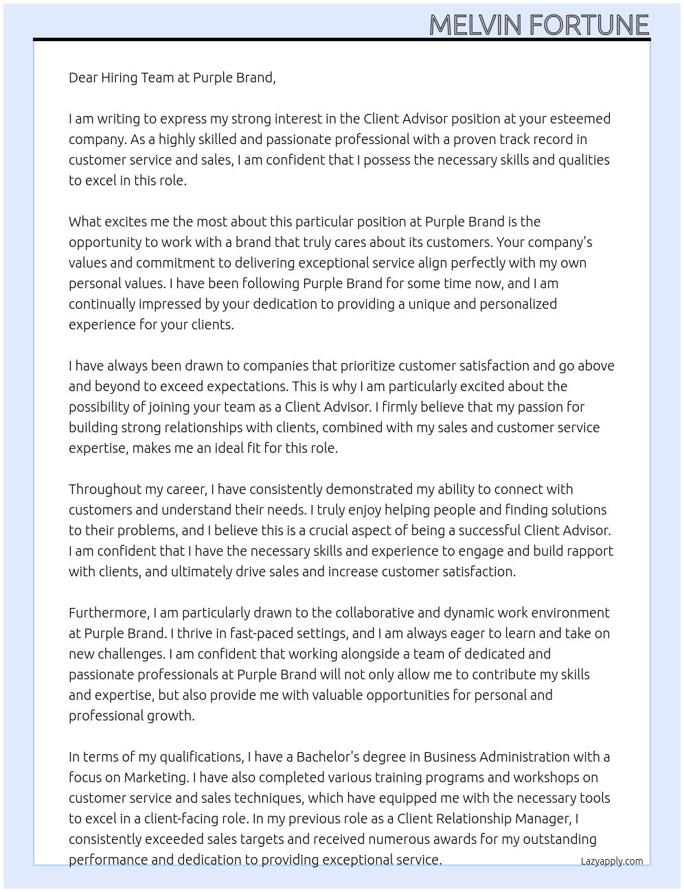 Client Advisor At Purple Brand Cover Letter