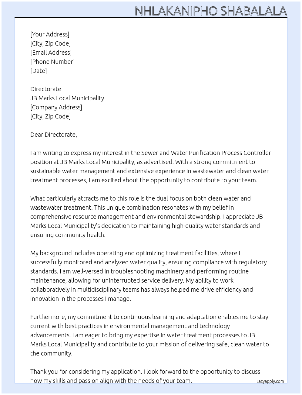 Sewer and Water Purification Process Controller At JB Marks Local Municipality Cover Letter