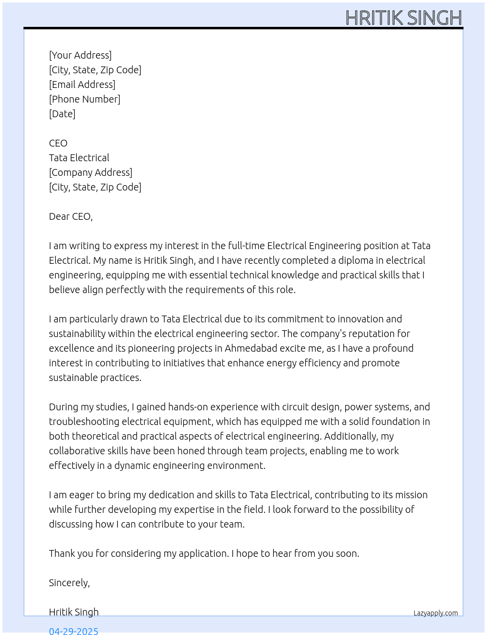 Electrical engineering At Tata electrical Cover Letter