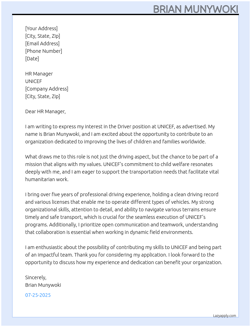 driver At unicef Cover Letter