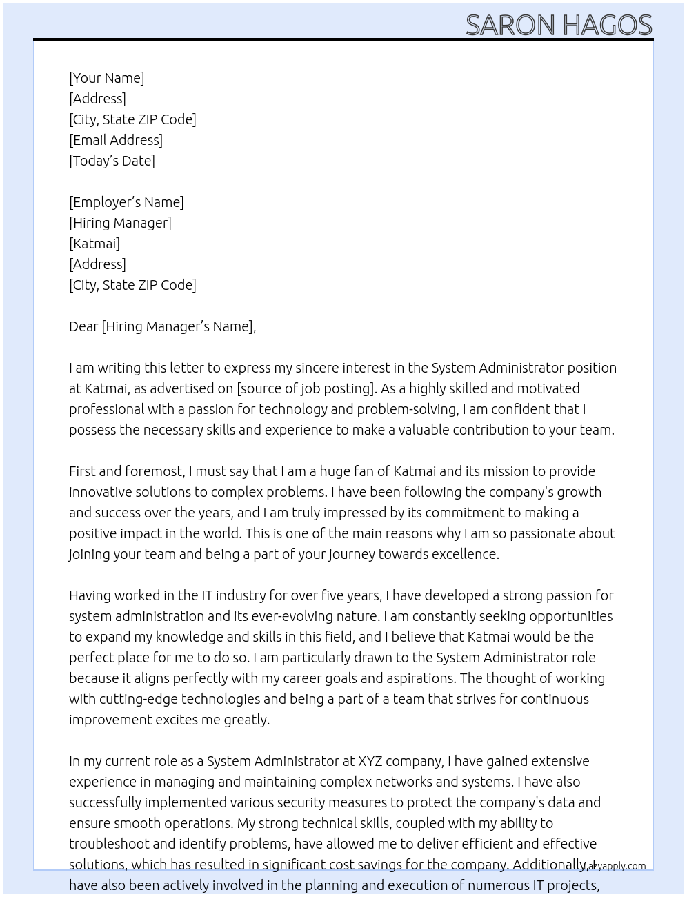system administrator At katmai Cover Letter