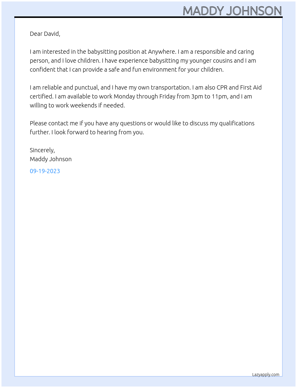 Babysitter At Anywhere Cover Letter