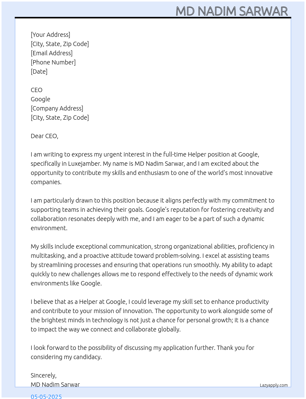 Helper  At Google  Cover Letter