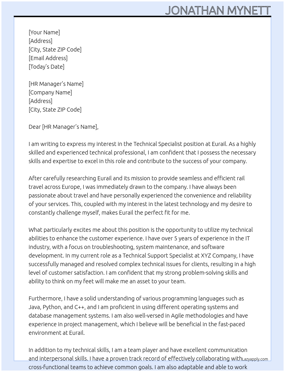 Technical Specialist  At Eurail Cover Letter