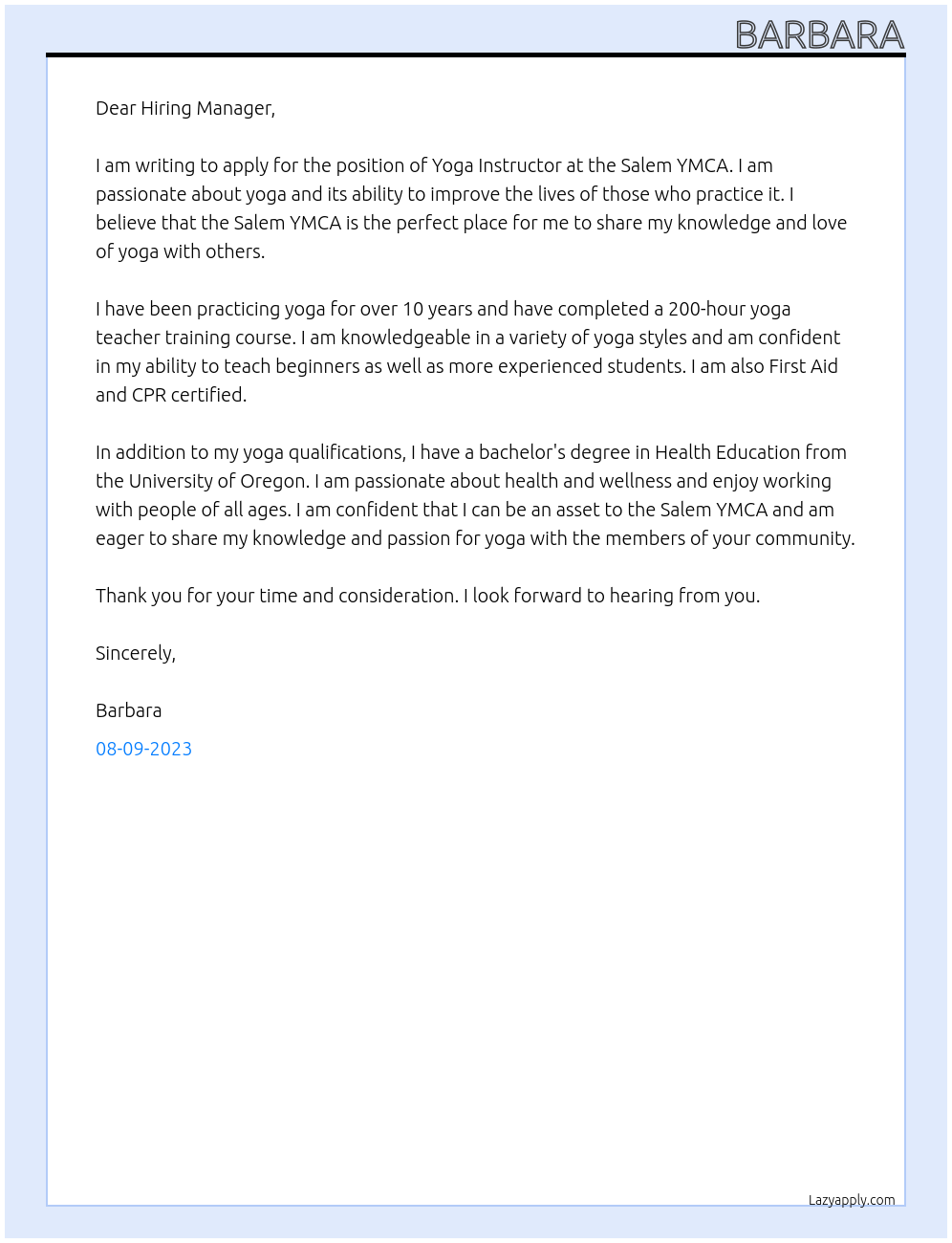 Yoga instructor At Salem YMCA Cover Letter