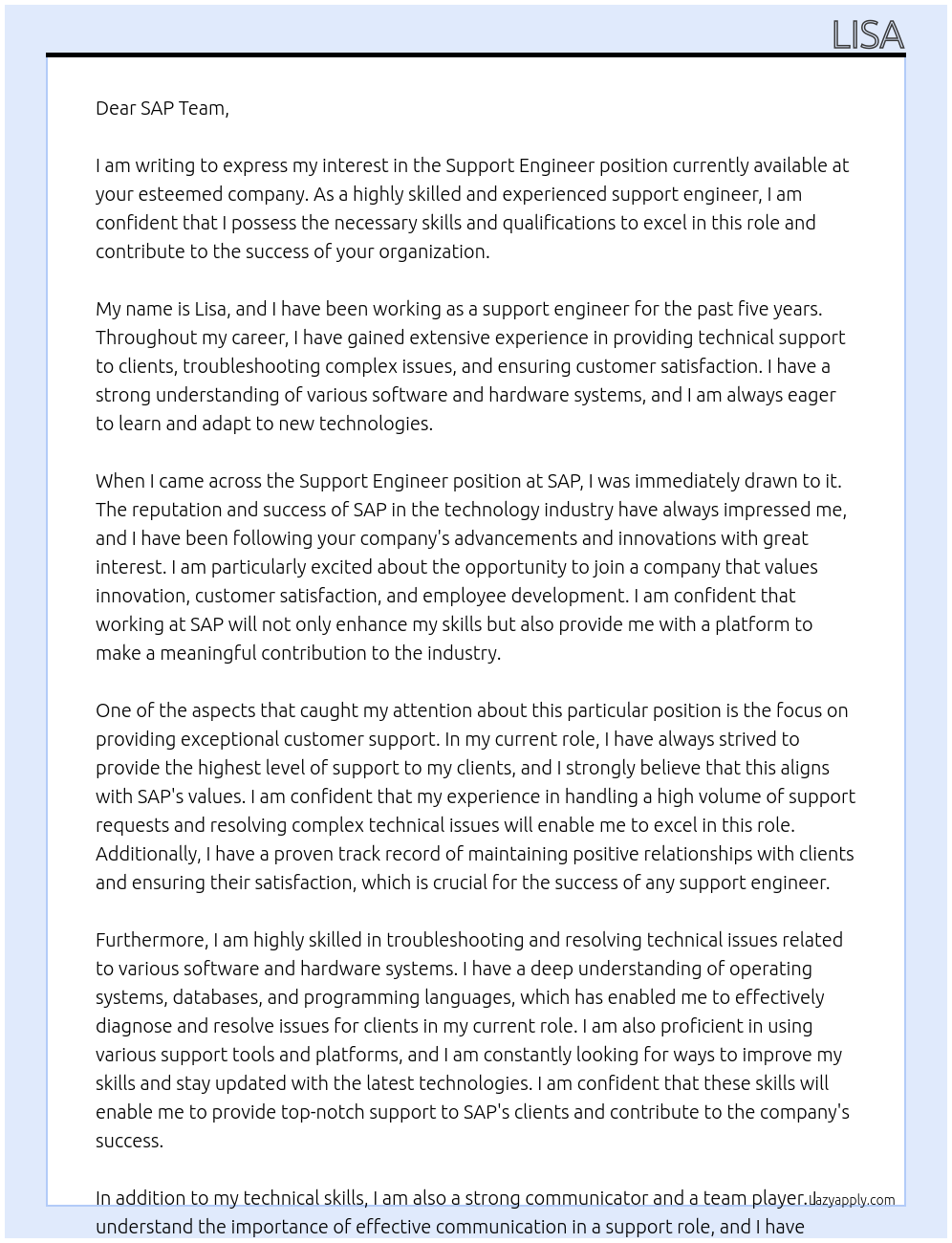 Support engineer At sap Cover Letter