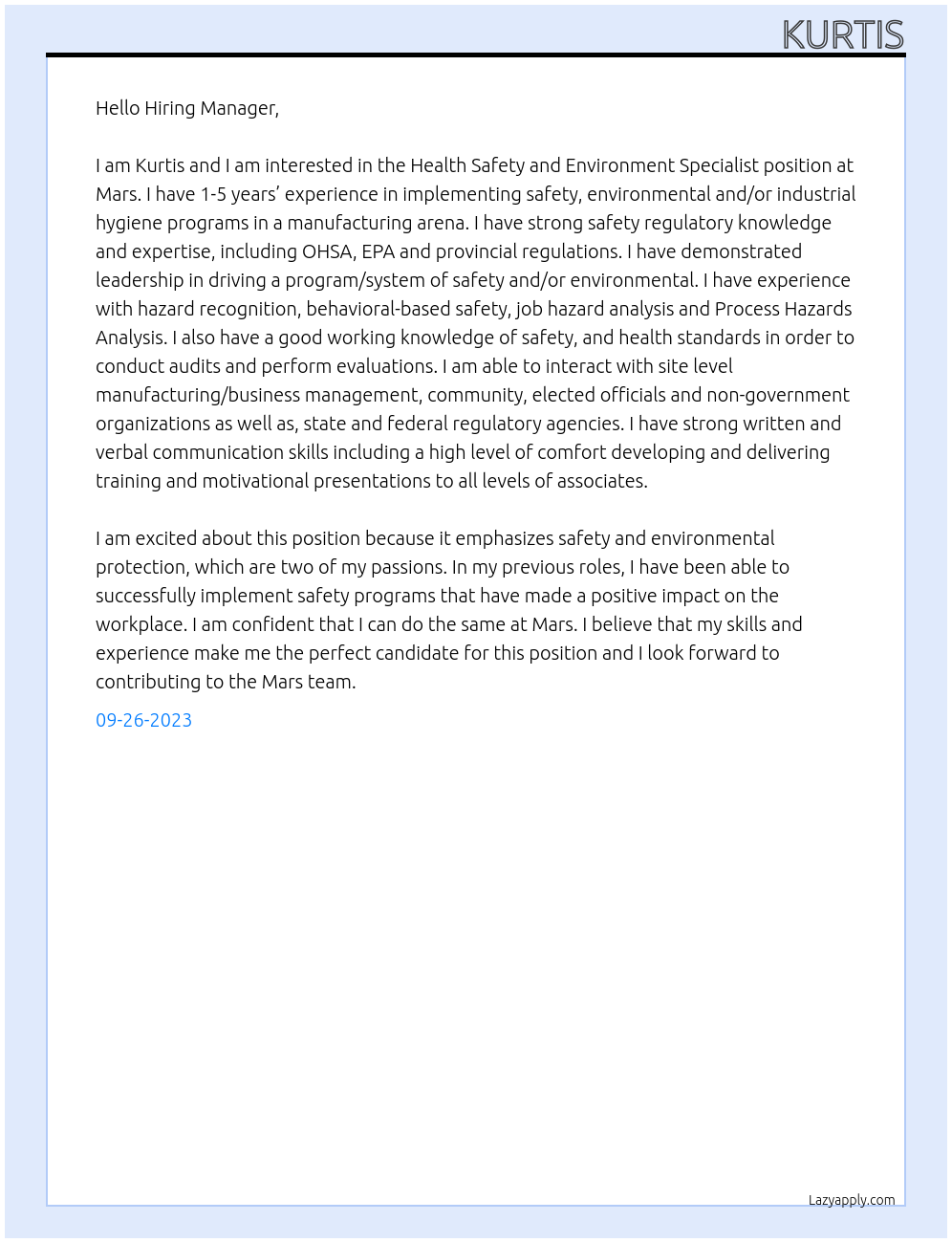 Health Safety and Environment Specialist At Mars Cover Letter