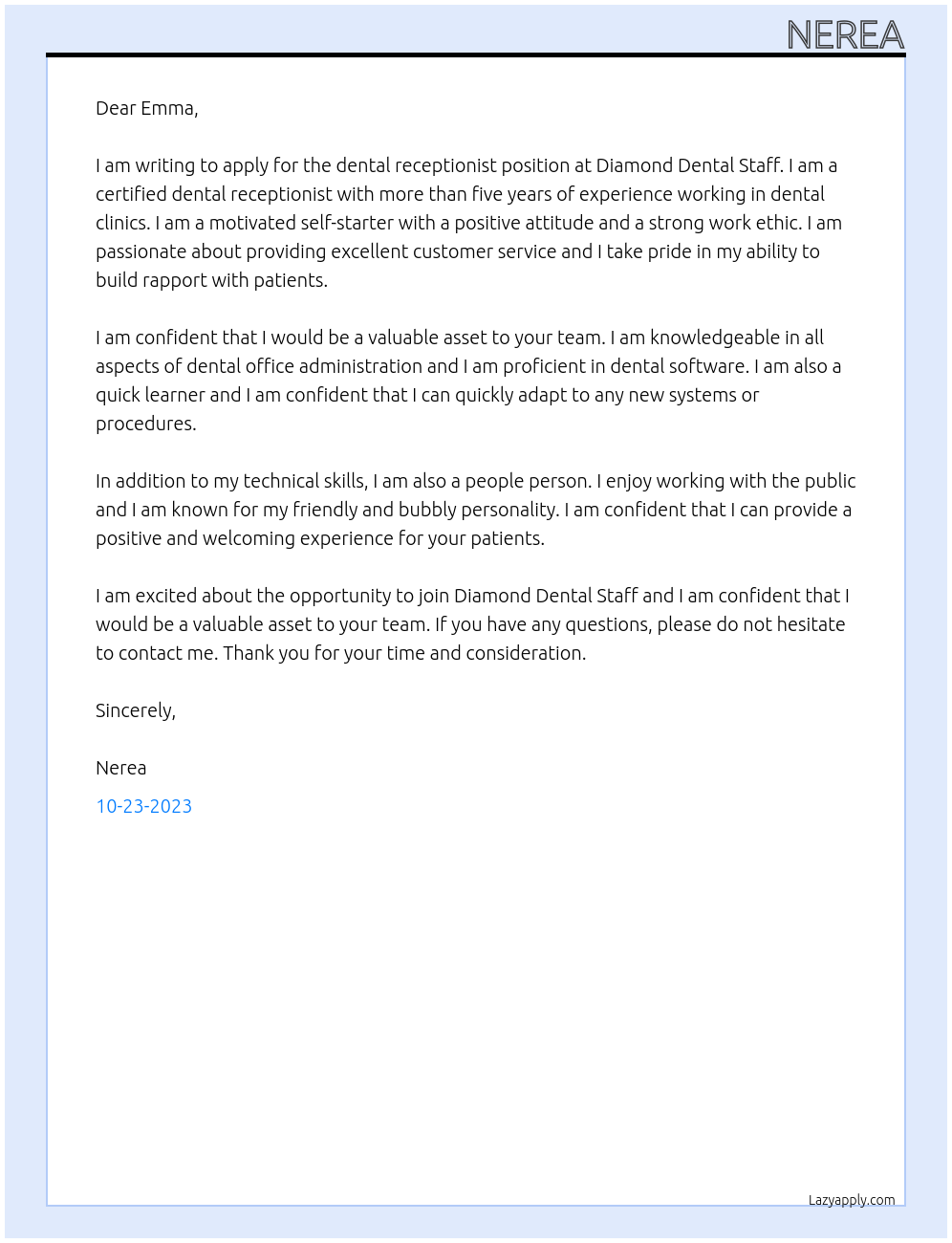 Dental receptionist At Diamond Dental Staff Cover Letter