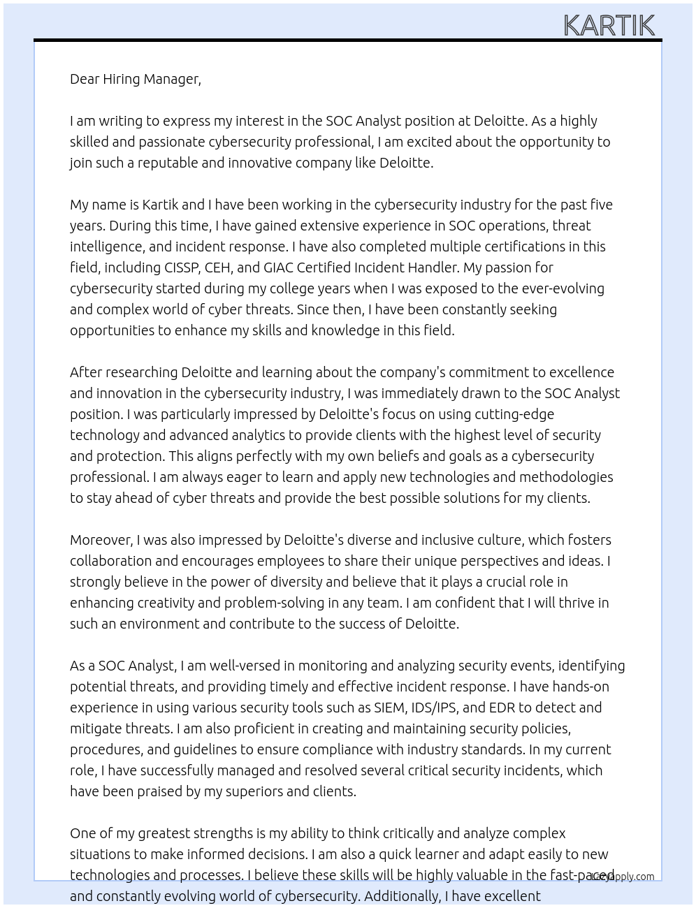 soc analyst At deloitte Cover Letter