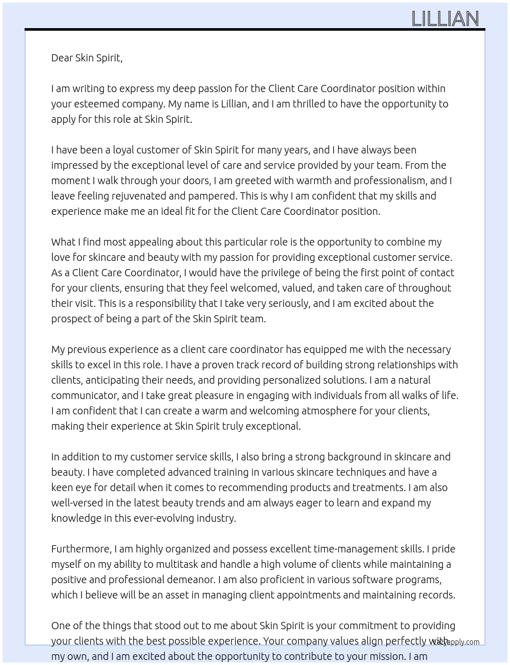 client care coordinator At Skin Spirit Cover Letter